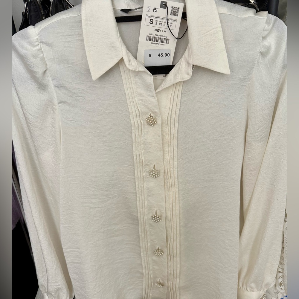 ZARA Pearl Button Blouse – Ecru (S)